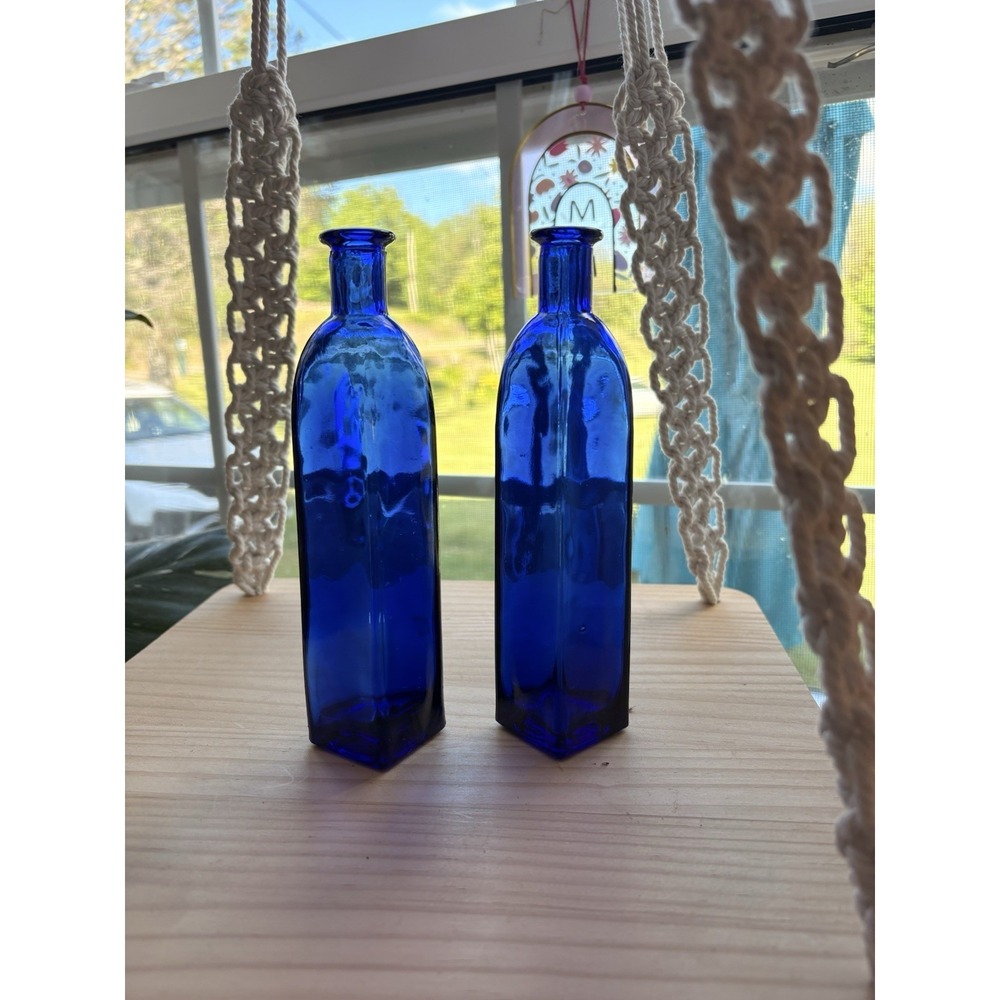 Set Of 2 Identical Four Sided Tall and Slim Cobalt Bottle ~ 7 "Tall x 1.75"Sides
